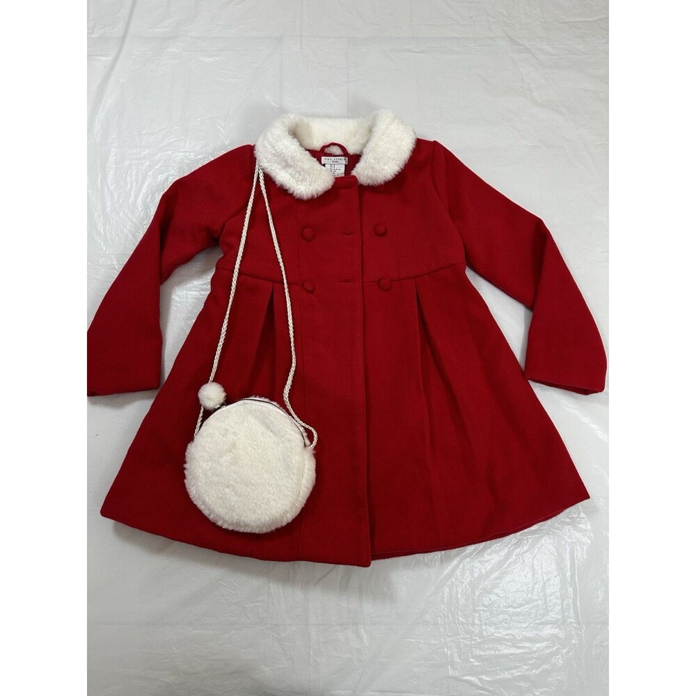 Max Studio Girls  Size 6 Red Swing Pea Coat With Faux Fur Purse.